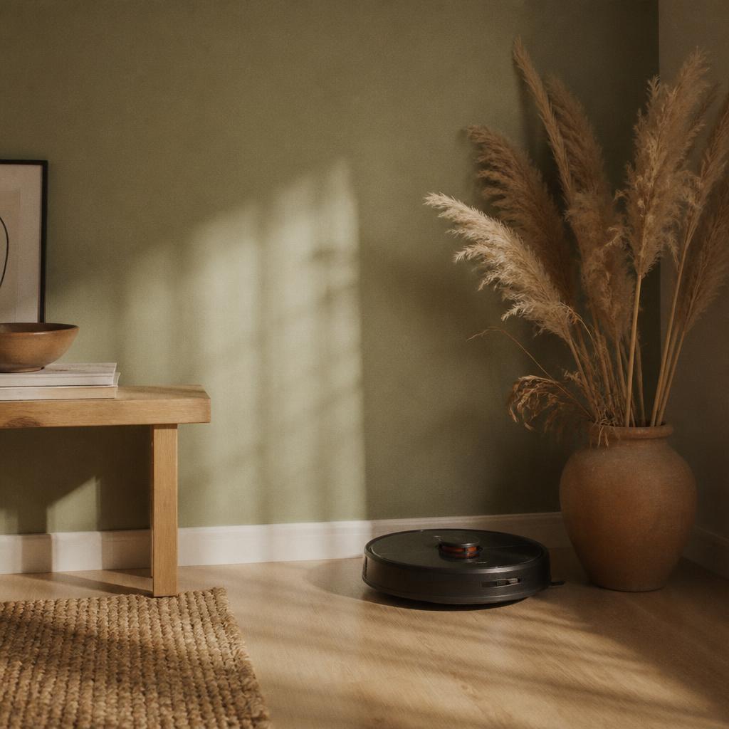 A robot vacuum resting on pale oak floor beside a jute rug and clay vase
